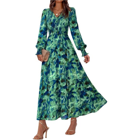 Women Maxi Dress Floral V Neck Long Sleeve Boho Fall Wedding Guest Dress -  coffeafoods.com